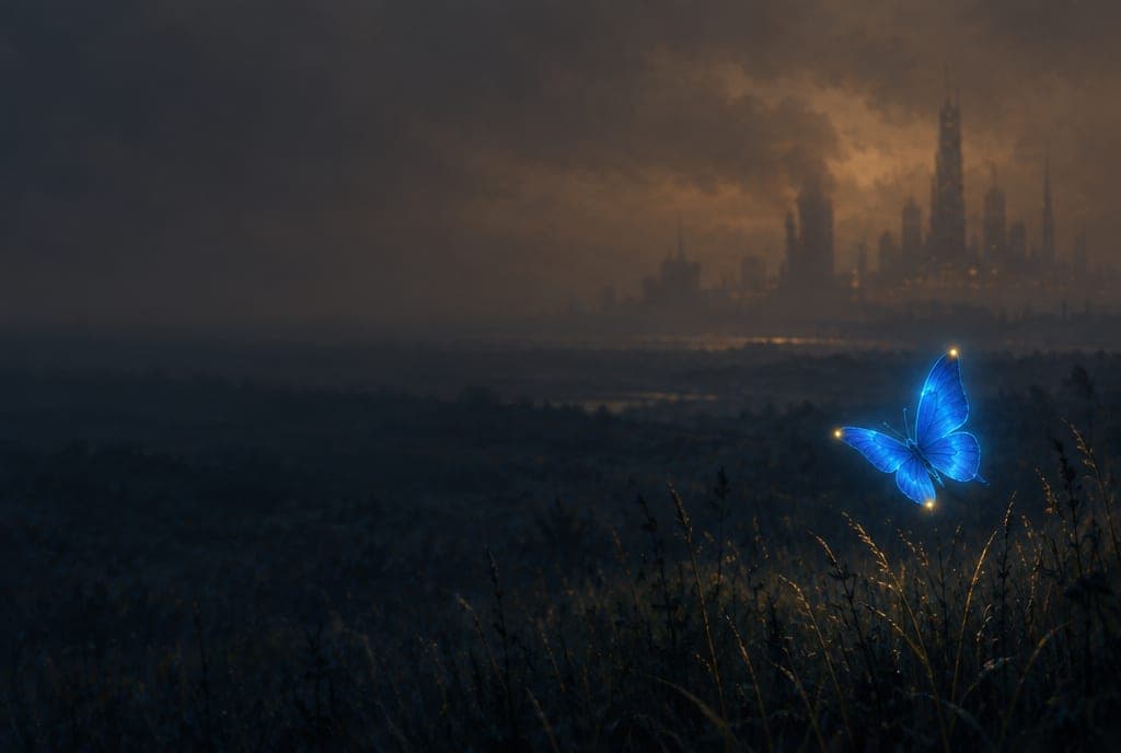 Concept art: a glowing electric-blue butterfly over a dim field, a smog-covered city far behind it.