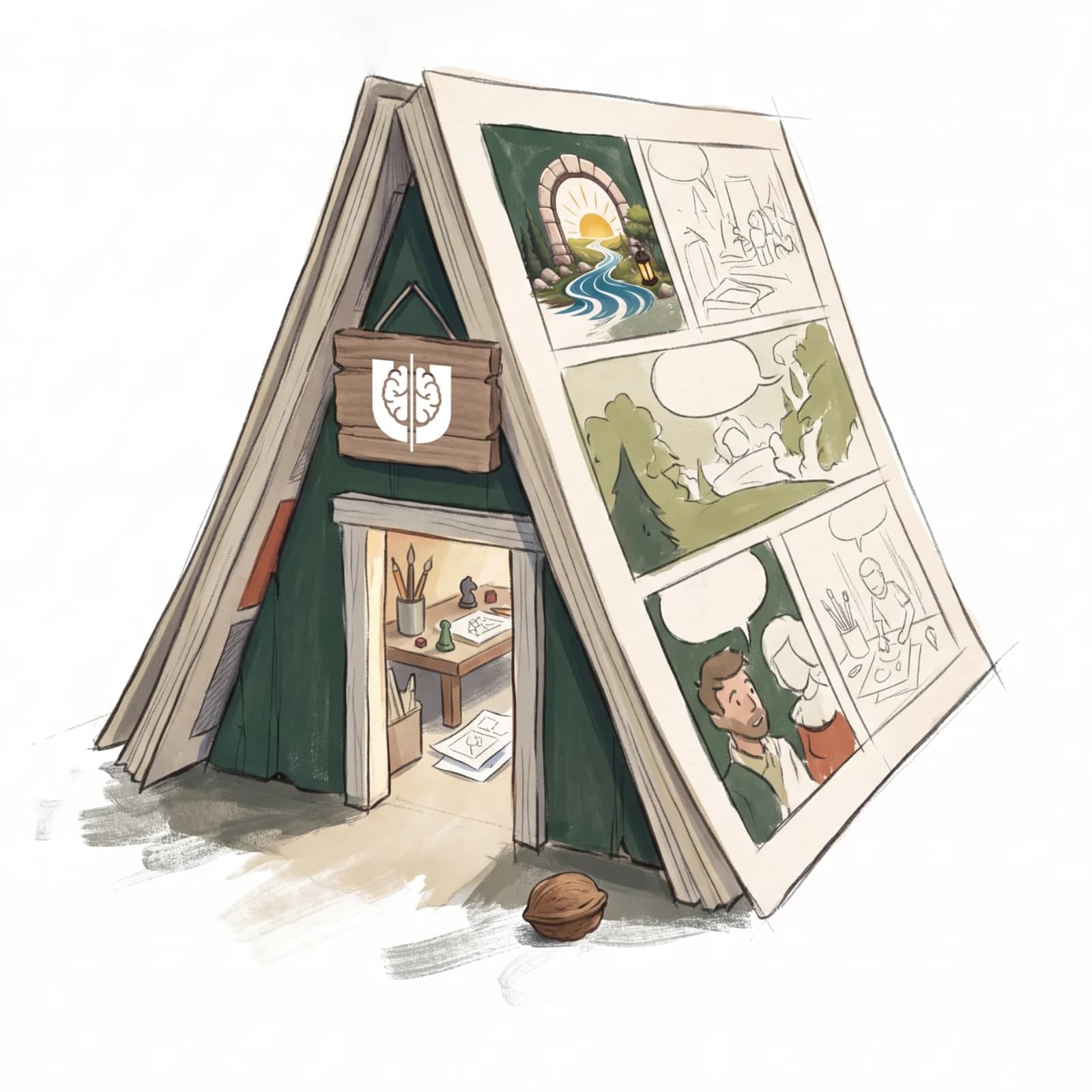 A comic folded open like a tent. Its cover shows the ROWWARD arch and river, the Jugl brain mark hangs on a wooden sign, a small studio desk with brushes and game pieces sits inside, and a walnut rests by the door.