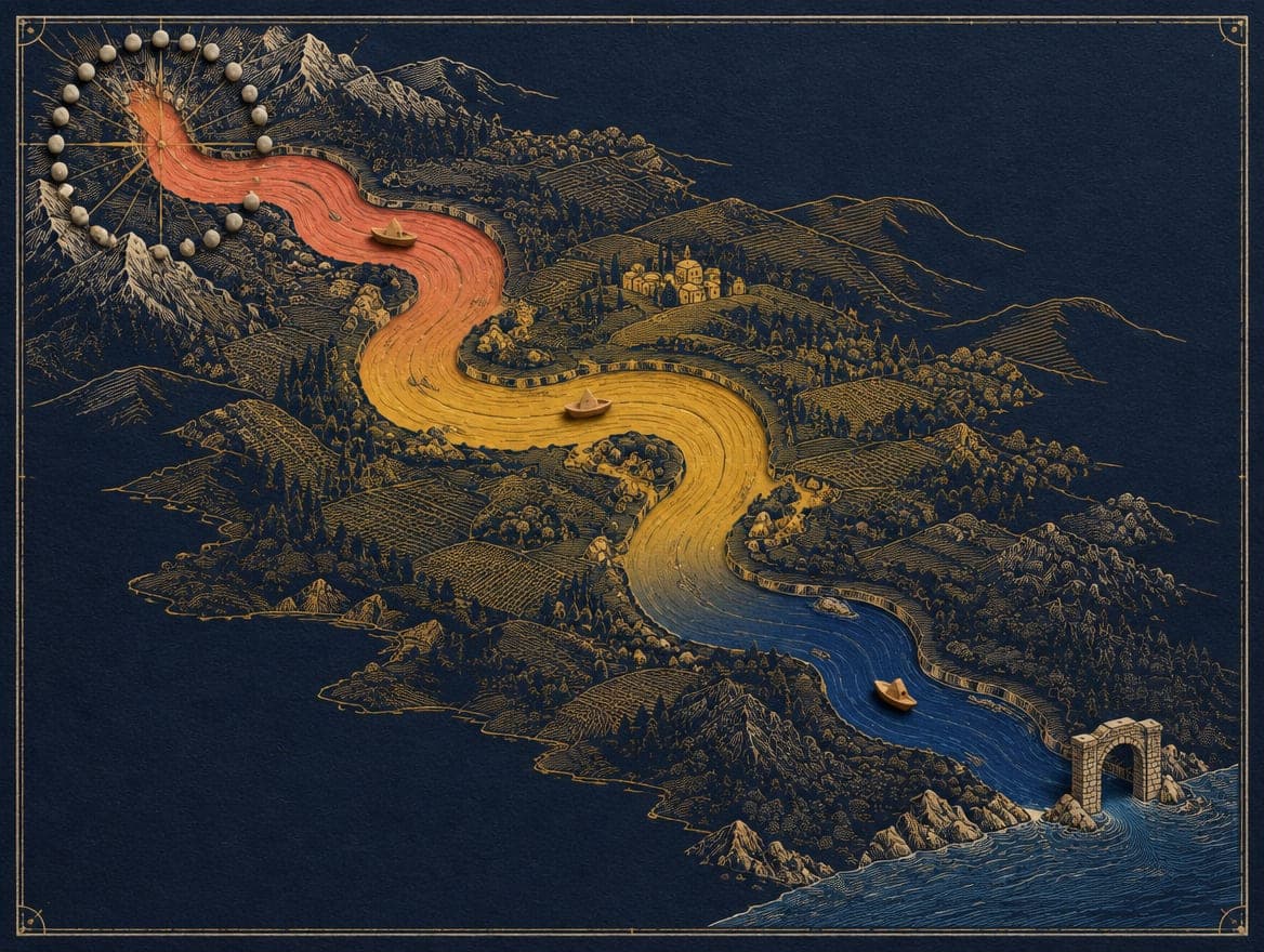 Concept chart of the ROWWARD river: a ring of stones at the source, three colored stretches, and a gate where the river meets the sea.