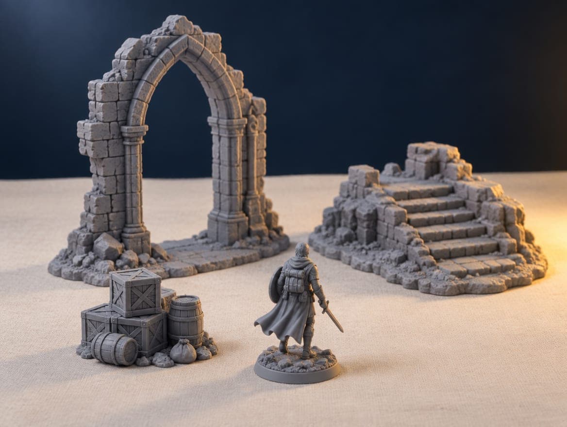 Concept image: unpainted 3D-printed terrain pieces and a small figure on a table under soft studio light.