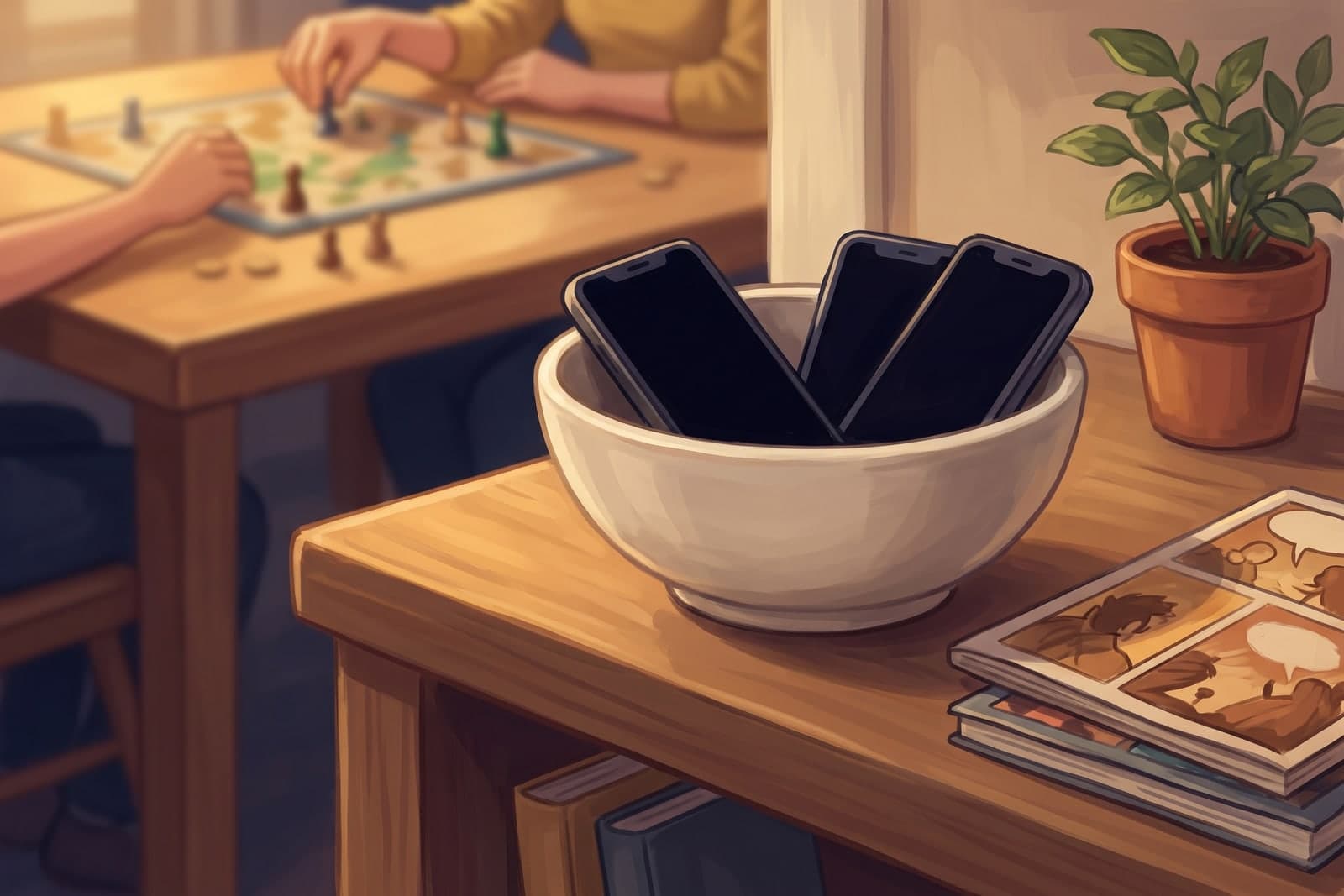 A wooden kitchen shelf at dusk. A ceramic bowl holds three phones, screens dark, beside a small plant and two comic books. Behind it, out of focus, hands around a board game on a table.
