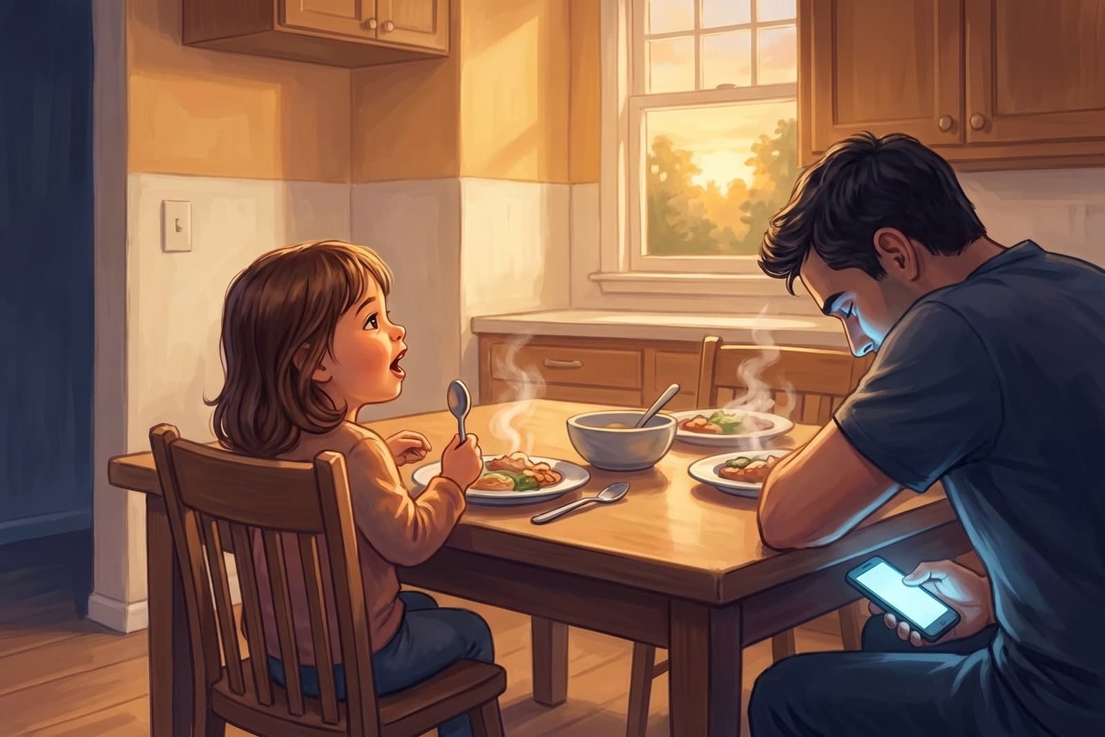 At a kitchen table, a small girl has turned in her chair to speak to her father, spoon in hand. His head is bent and his face is lit from below by a phone held under the edge of the table.