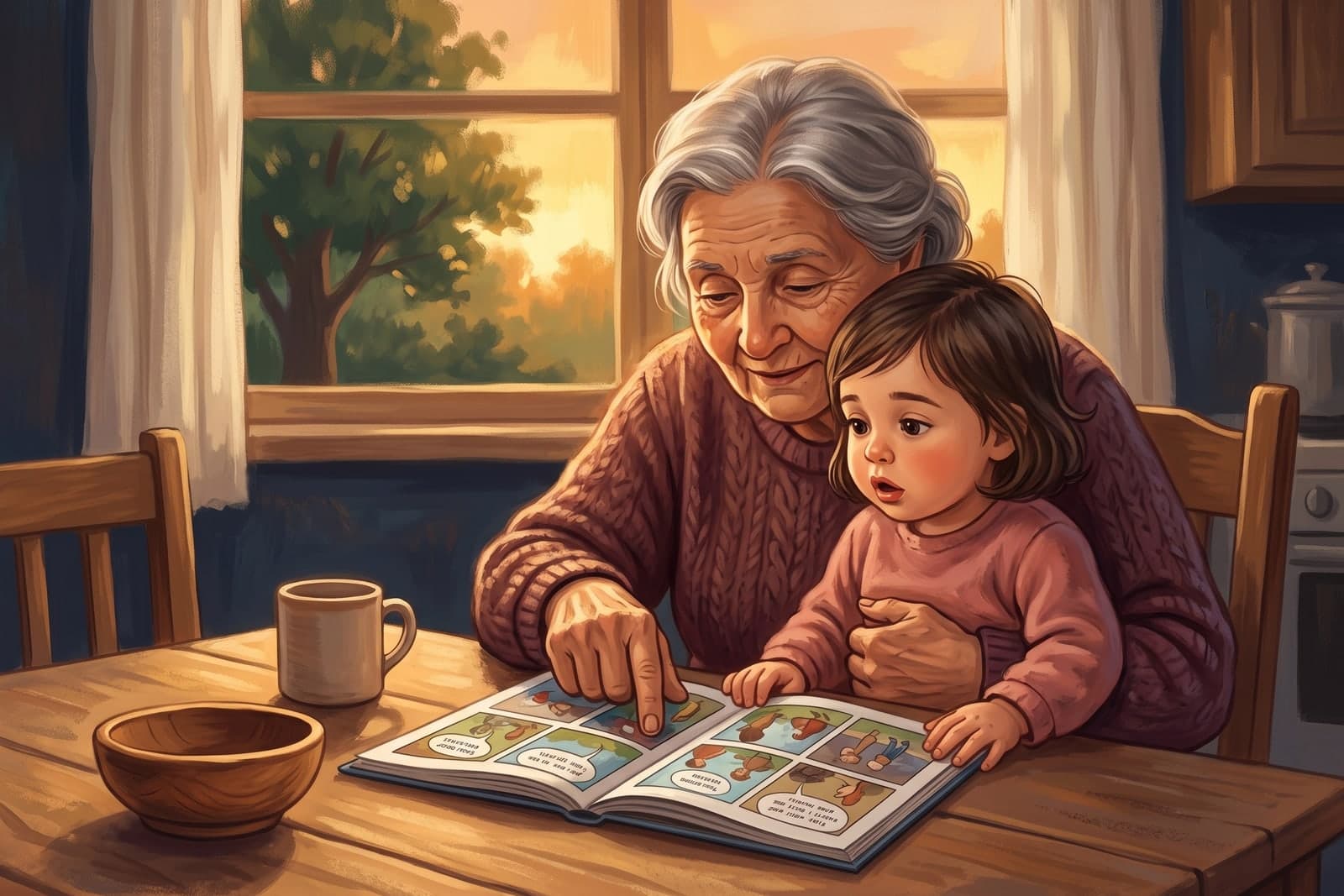 A small girl sits on her grandmother's lap at a kitchen table. The grandmother reads a comic aloud with one finger on a drawing, and the child looks at the page with her mouth slightly open. No phones are in the frame.