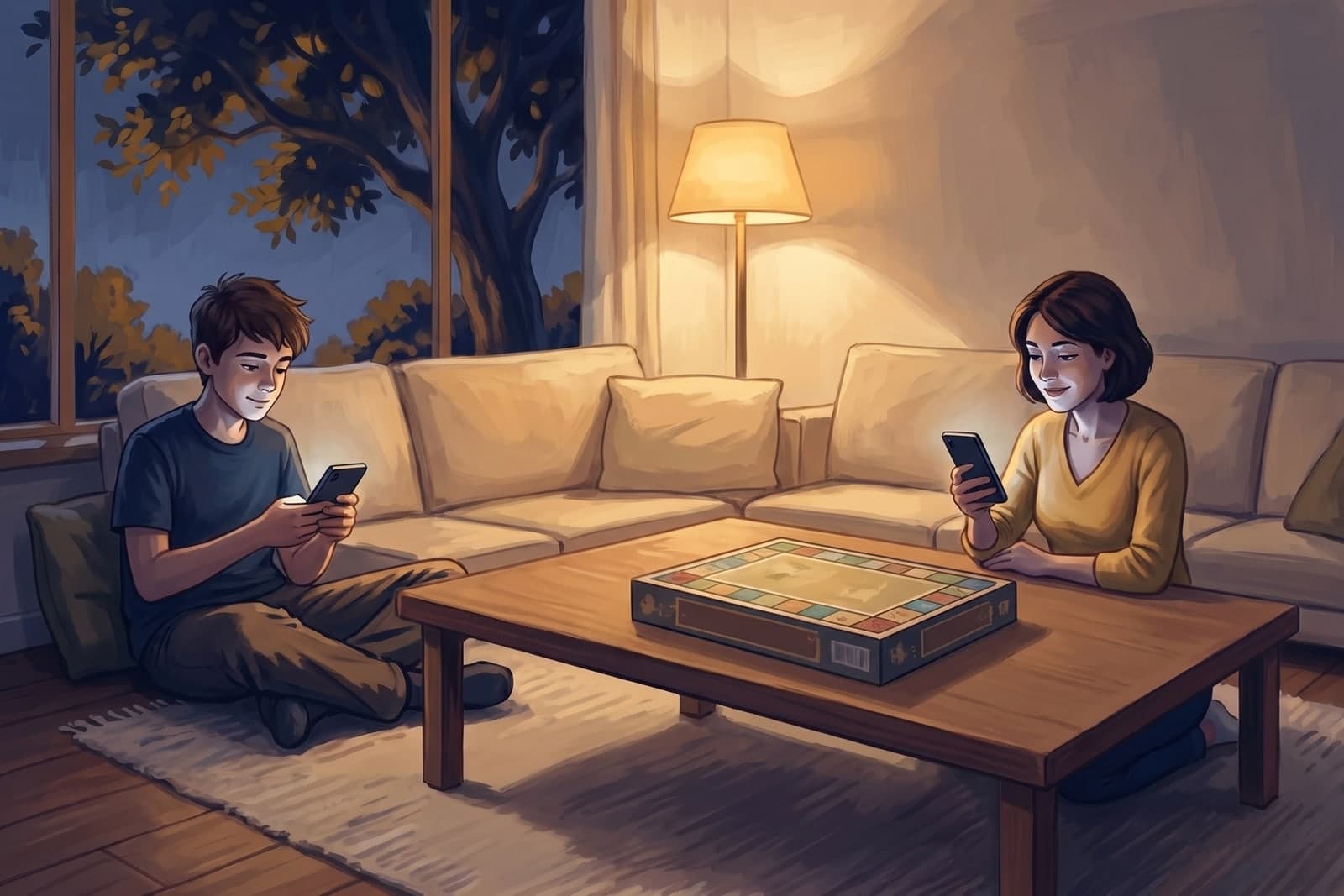 A living room at night with one lamp on. A teenage boy and his mother sit at opposite ends of a sofa, each looking down at a phone, an empty cushion between them and an unopened board game box on the table.
