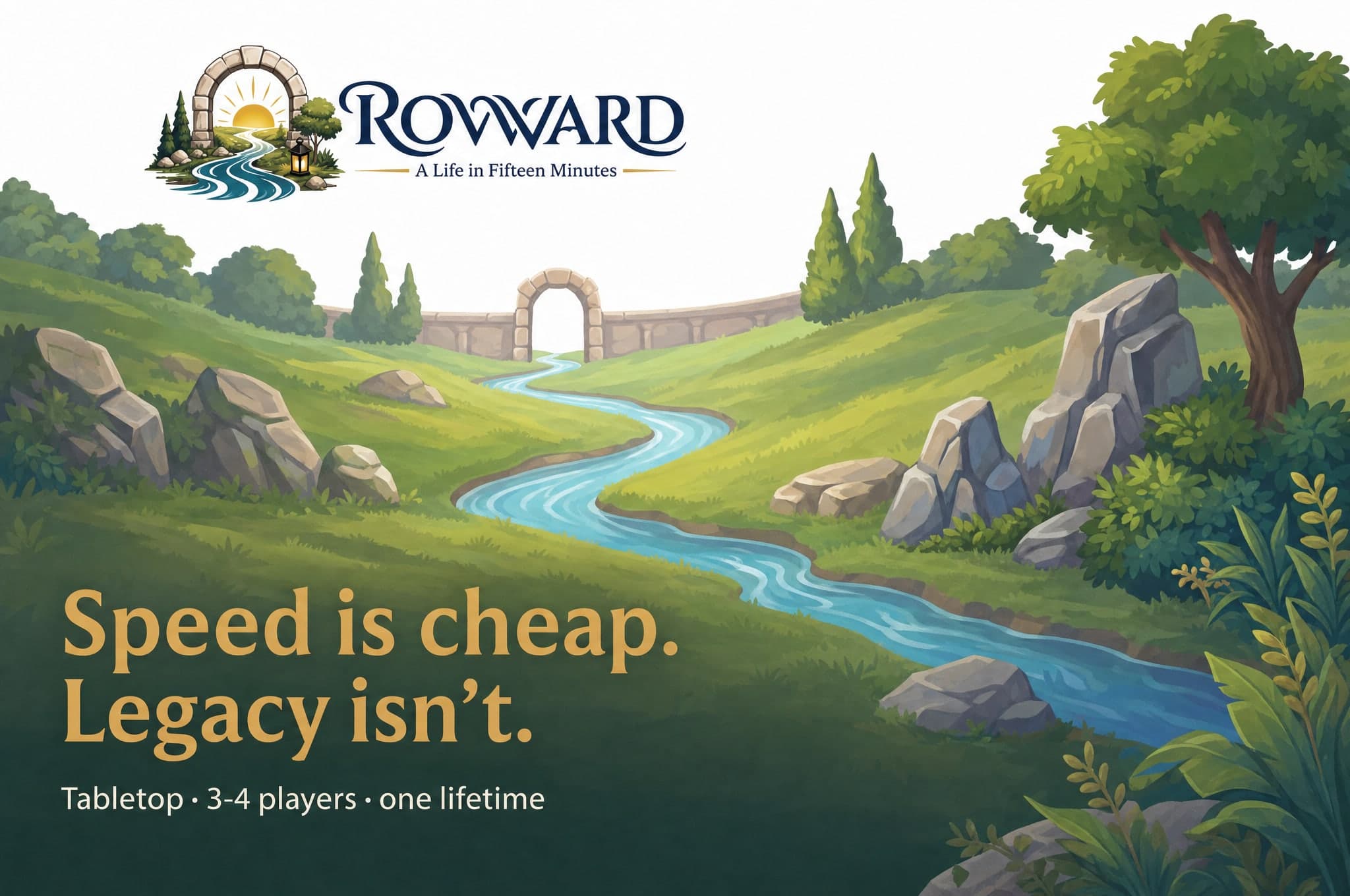 ROWWARD key art. A river runs from a stone arch across a green valley toward the viewer, the ROWWARD logo above it, the line Speed is cheap. Legacy isn't, and beneath it Tabletop, 3-4 players, one lifetime.
